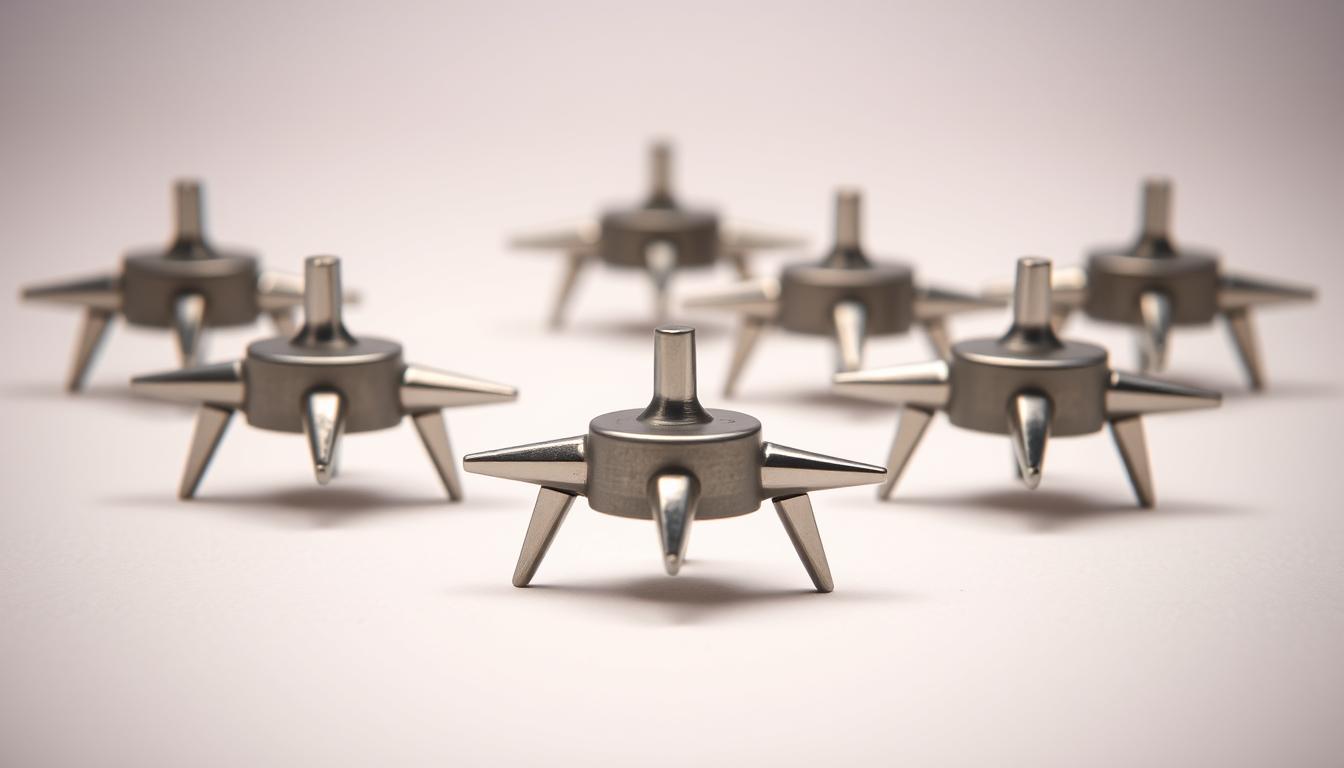 A pristine, well-lit close-up photograph of a selection of golf shoe spikes against a neutral background. The spikes are metal, with sharp, tapered tips and grooved patterns for optimal traction. They are arranged neatly, showcasing their construction and design in crisp detail. The lighting is soft and even, highlighting the metallic sheen and subtle textures of the spikes. The depth of field is shallow, keeping the spikes in sharp focus while the background is pleasantly blurred. The overall mood is professional, highlighting the technical aspects of these permissible golf shoe accessories.