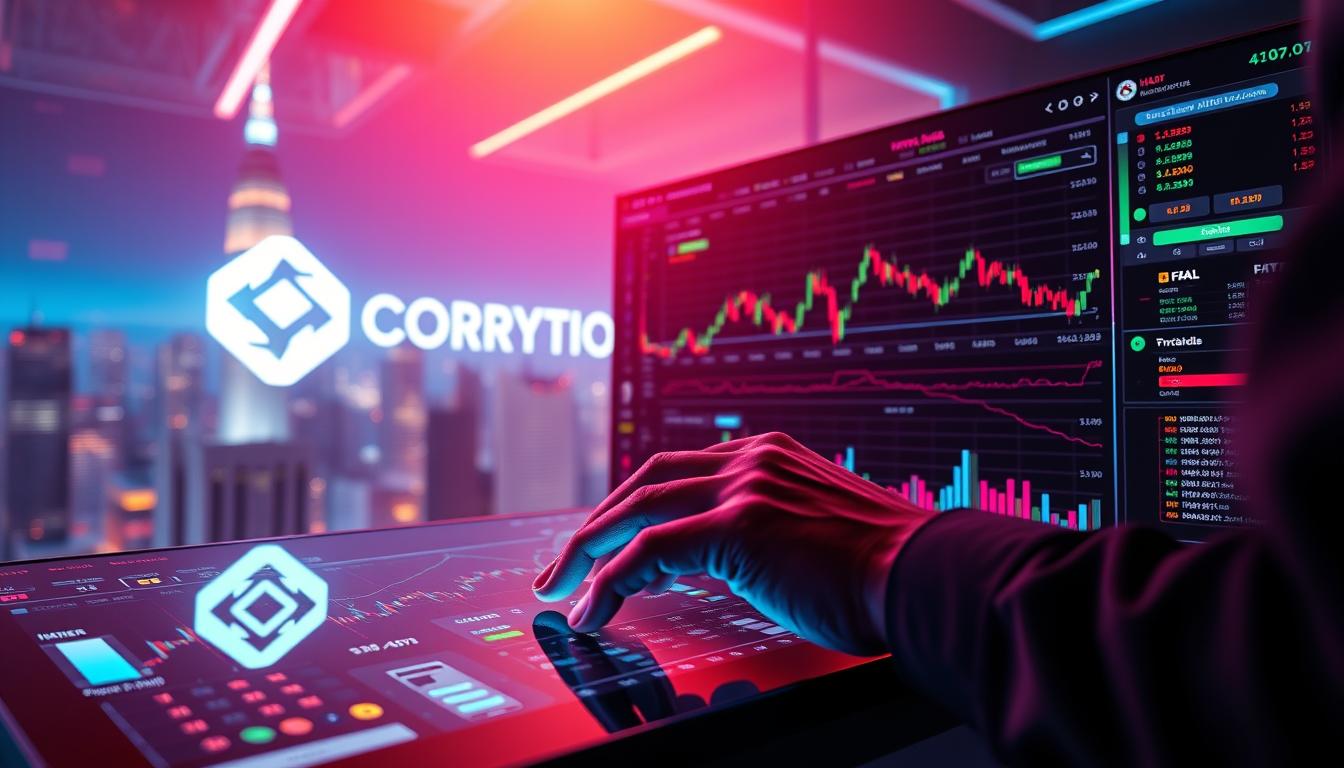 A modern, sleek trading platform with a prominent CRYPTOMAXIMAL logo displayed prominently on the screen. The platform interface features intuitive and responsive dashboards, interactive charts, and real-time market data visualizations. In the foreground, a trader's hands interact with a touchscreen, executing trades with precision. The middle ground showcases an array of financial symbols and data feeds, creating a sense of dynamism and activity. The background depicts a futuristic cityscape, hinting at the global nature of the blockchain-powered trading ecosystem. Vibrant, neon-tinged lighting imbues the scene with a sense of energy and technological innovation.