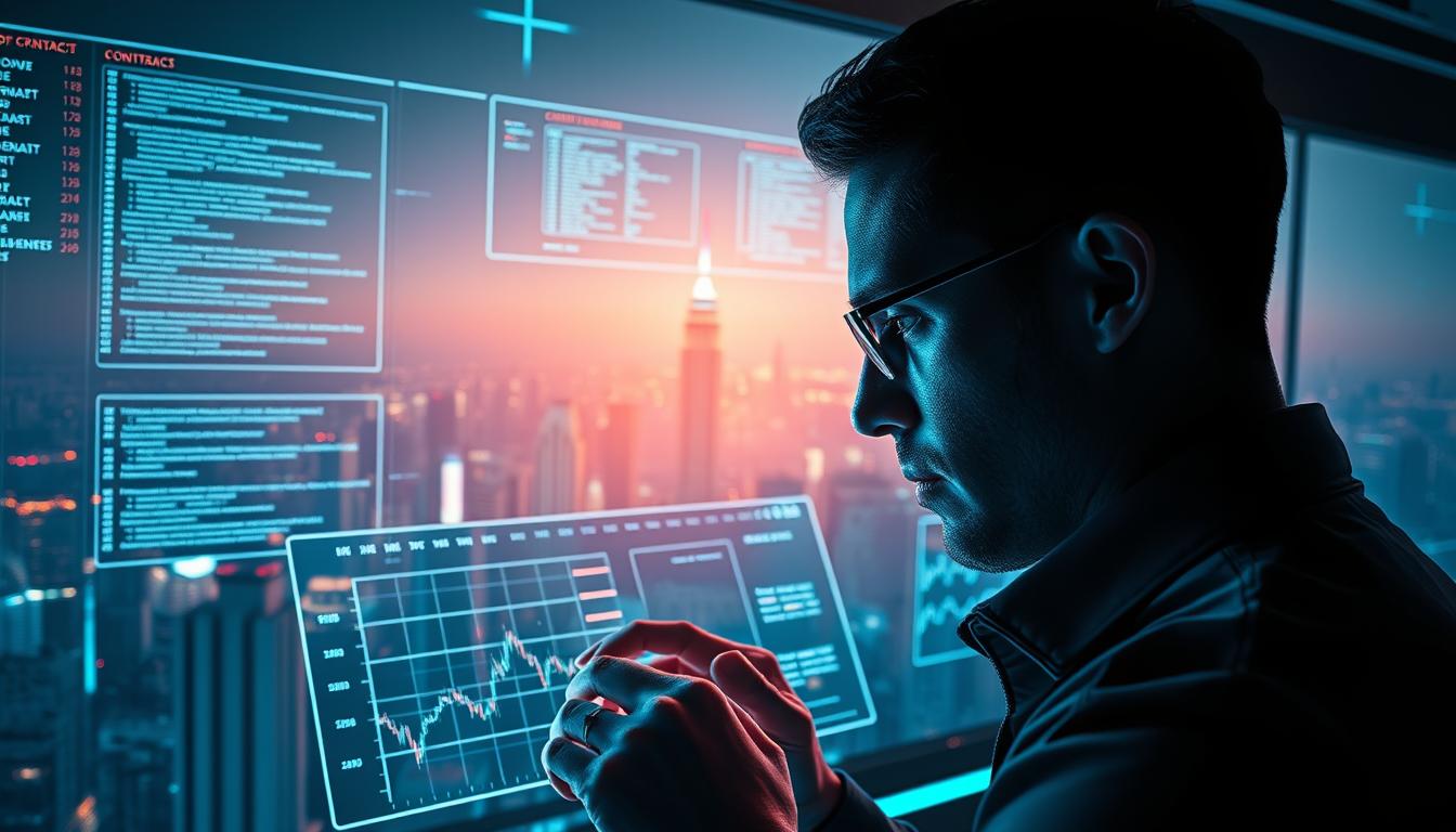 A dynamic, futuristic scene of smart contracts in trading, featuring a CRYPTOMAXIMAL holographic interface. In the foreground, a trader examines intricate contract details, their face illuminated by a sleek, minimalist dashboard. In the middle ground, lines of code and blockchain visualizations cascade across multiple screens, reflecting the underlying complexity of these intelligent trading systems. The background depicts a sprawling cityscape, its skyscrapers and neon lights suggesting the fast-paced, high-tech environment where these advanced financial tools are utilized. Lighting is cool-toned and dramatic, with sharp shadows and highlights accentuating the technological aesthetic. The overall mood is one of innovation, precision, and the seamless integration of AI and blockchain in modern trading.