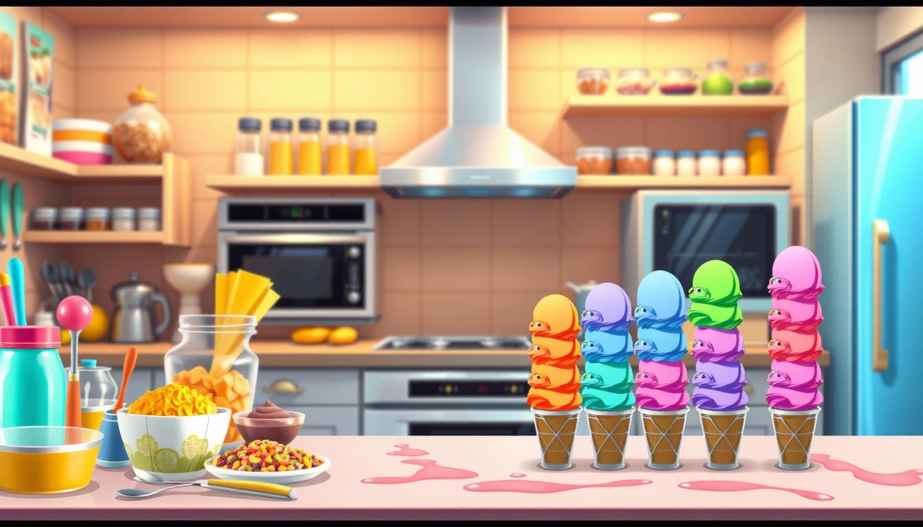An immersive scene of a vibrant &quot;Rainbow Ice Cream Maker&quot; game. In the foreground, a countertop with various colorful ice cream ingredients and mixing tools. The middle ground showcases the game's progression levels, represented by stacks of whimsical ice cream scoops in a rainbow of hues. The background features a kitchen setting with a modern oven, shelves of spices, and warm lighting, creating a cozy, inviting atmosphere. The entire composition conveys a sense of culinary creativity, challenge, and delight, perfectly capturing the essence of the &quot;Rainbow Ice Cream Maker&quot; simulation game.