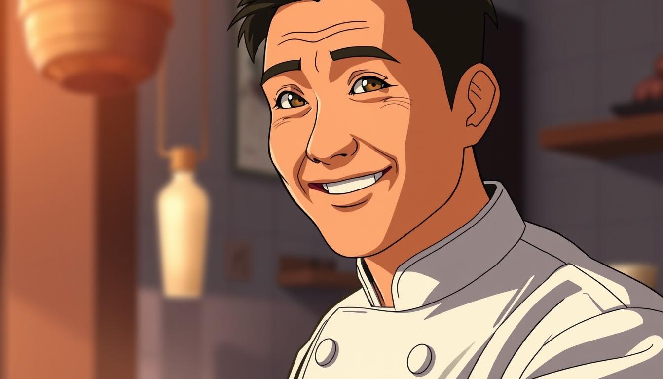 A warm-toned portrait of Chef Dodo, a charismatic and passionate culinary artist, set against a softly blurred background. Dodo's face is the focal point, his eyes shining with enthusiasm and a friendly smile that radiates his genuine love for food. The lighting is natural and slightly from the side, casting gentle shadows that accentuate his expressive features. His chef's uniform is crisp and clean, with details like the embroidered logo and rolled-up sleeves suggesting a hands-on, hardworking approach. The overall mood is one of approachability and authenticity, inviting the viewer to imagine themselves in Dodo's kitchen, learning the secrets of Chinese cuisine from a master of his craft.