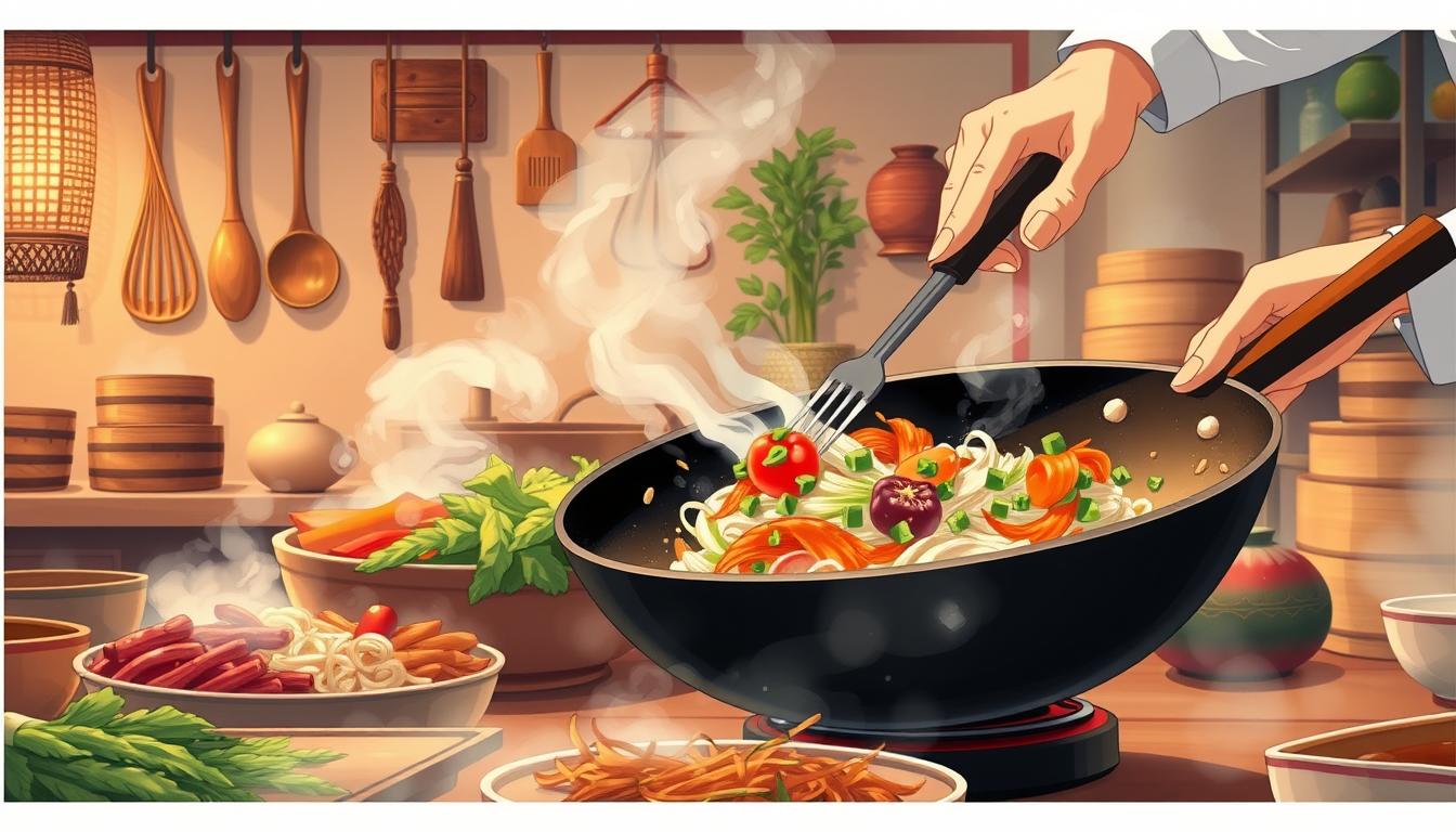 A detailed illustration showcasing traditional Chinese cooking techniques and culinary wisdom. In the foreground, a chef's hands expertly manipulate a wok, sizzling with fragrant ingredients. The middle ground features an array of vibrant vegetables, freshly chopped and ready for the pan. In the background, a serene Chinese kitchen setting with hanging utensils, steaming bamboo steamers, and a traditional Asian decor palette. Warm, diffused lighting casts a cozy, inviting atmosphere, highlighting the nuances of Chinese cuisine. The overall composition conveys a sense of mastery, tradition, and the joy of culinary exploration.