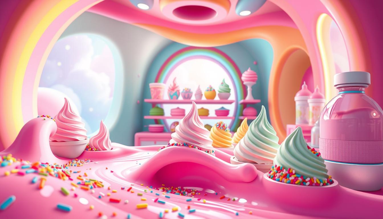 3D rendered illustrations in a vibrant, whimsical Rainbow Ice Cream Maker cooking simulation game. Foreground features a creative, playful ice cream production process with colorful scoops, sprinkles, and toppings flowing through a fantastical, candy-colored landscape. Middle ground showcases the range of customizable ice cream flavors, textures, and presentation options. Background depicts a dreamlike, rainbow-hued environment with curvaceous, abstract architecture and lighting that accentuates the game's magical, inviting atmosphere. Cinematic camera angle captures the immersive, hands-on experience of crafting unique frozen treats in this delightful cooking simulator.