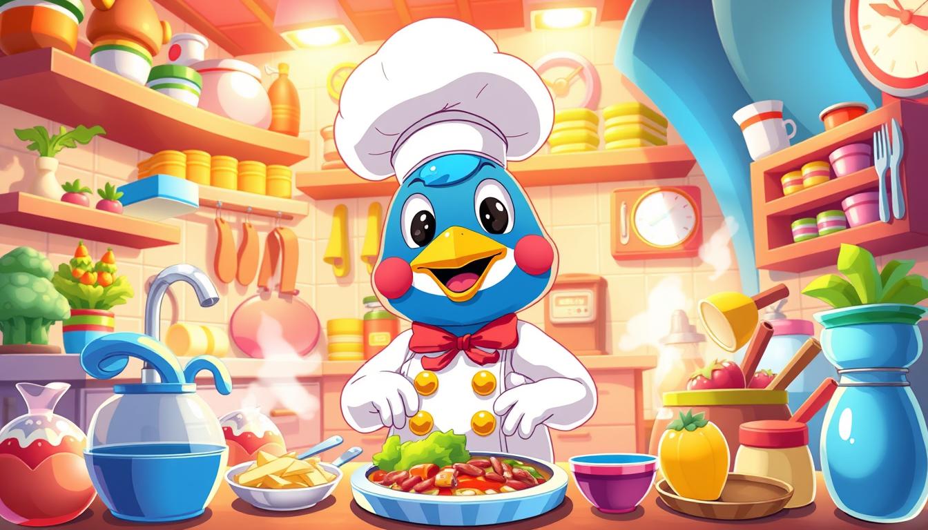 A vibrant and playful illustration of the &quot;Chef Dodo&quot; cooking game, showcasing its unique visual style and interactive gameplay. The scene depicts the game's protagonist, Dodo the chef, surrounded by a colorful and whimsical kitchen environment, complete with various cooking utensils, ingredients, and playful animations. The image should convey a sense of energy, creativity, and the engaging nature of the game, in contrast to more traditional cooking-themed video games. The lighting should be warm and inviting, with a focus on the game's central character and the interactive elements of the gameplay. The overall composition should be well-balanced, with a clear sense of depth and perspective, drawing the viewer's attention to the key aspects of the game.