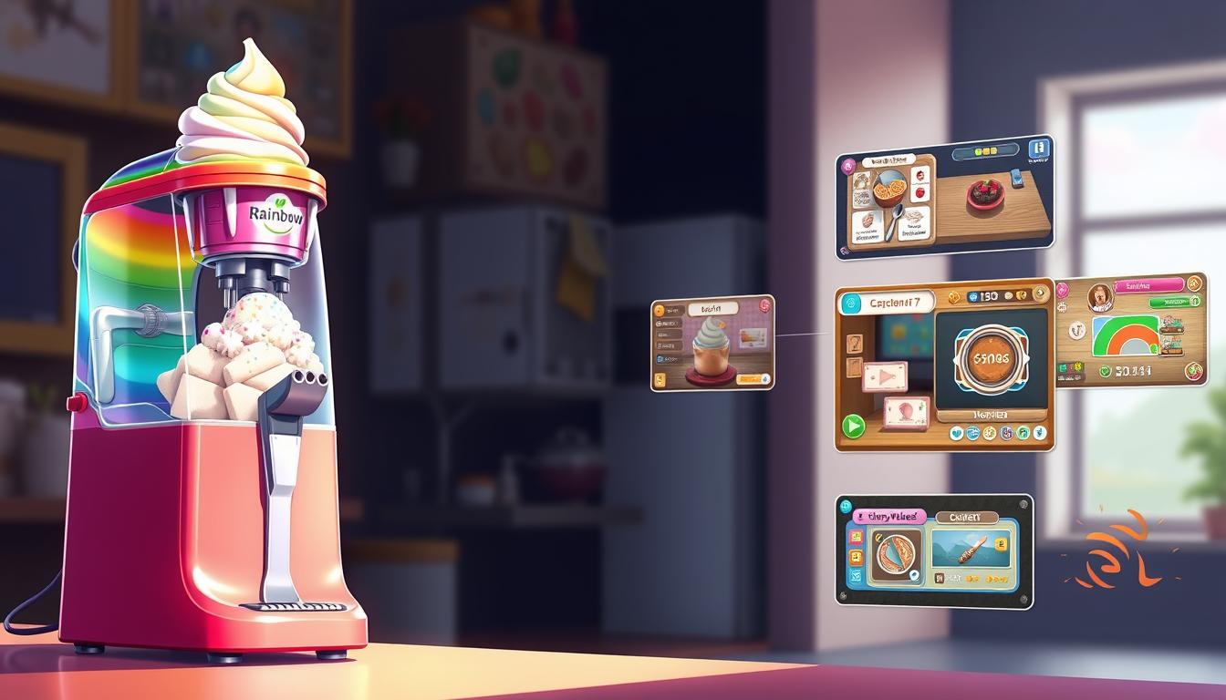 A stylized, photorealistic illustration showcasing a comparison between a vibrant rainbow ice cream maker and various other cooking simulation games. The foreground depicts the ice cream maker in vivid detail, with its bright, colorful design and intricate mechanisms. The middle ground features a collage of different cooking game interfaces, each with their own unique aesthetics and interactions. The background is a softly blurred, atmospheric setting, hinting at the immersive, hands-on nature of these virtual culinary experiences. The overall composition conveys a sense of playful exploration, highlighting the creative and engaging aspects of cooking simulation games.