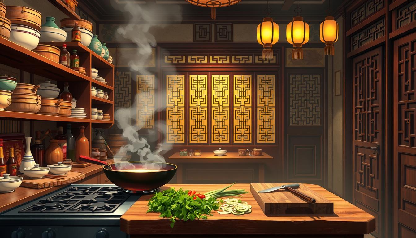 A cozy and authentic Chinese kitchen with a warm, inviting atmosphere. In the foreground, a large wok sizzles on a gas stove, billowing fragrant steam. Shelves along the walls display an array of traditional Chinese ingredients and cookware, including bamboo steamers, ceramic bowls, and a collection of sauces and spices. In the middle ground, a wooden chopping board sits atop a sturdy counter, with freshly sliced vegetables and herbs ready for preparation. The background features traditional Chinese architectural elements, such as carved wooden screens and hanging lanterns, casting a soft, golden glow throughout the space. The overall scene conveys the essence of a well-equipped, authentic Chinese kitchen, ready to facilitate the creation of delicious, time-honored dishes.