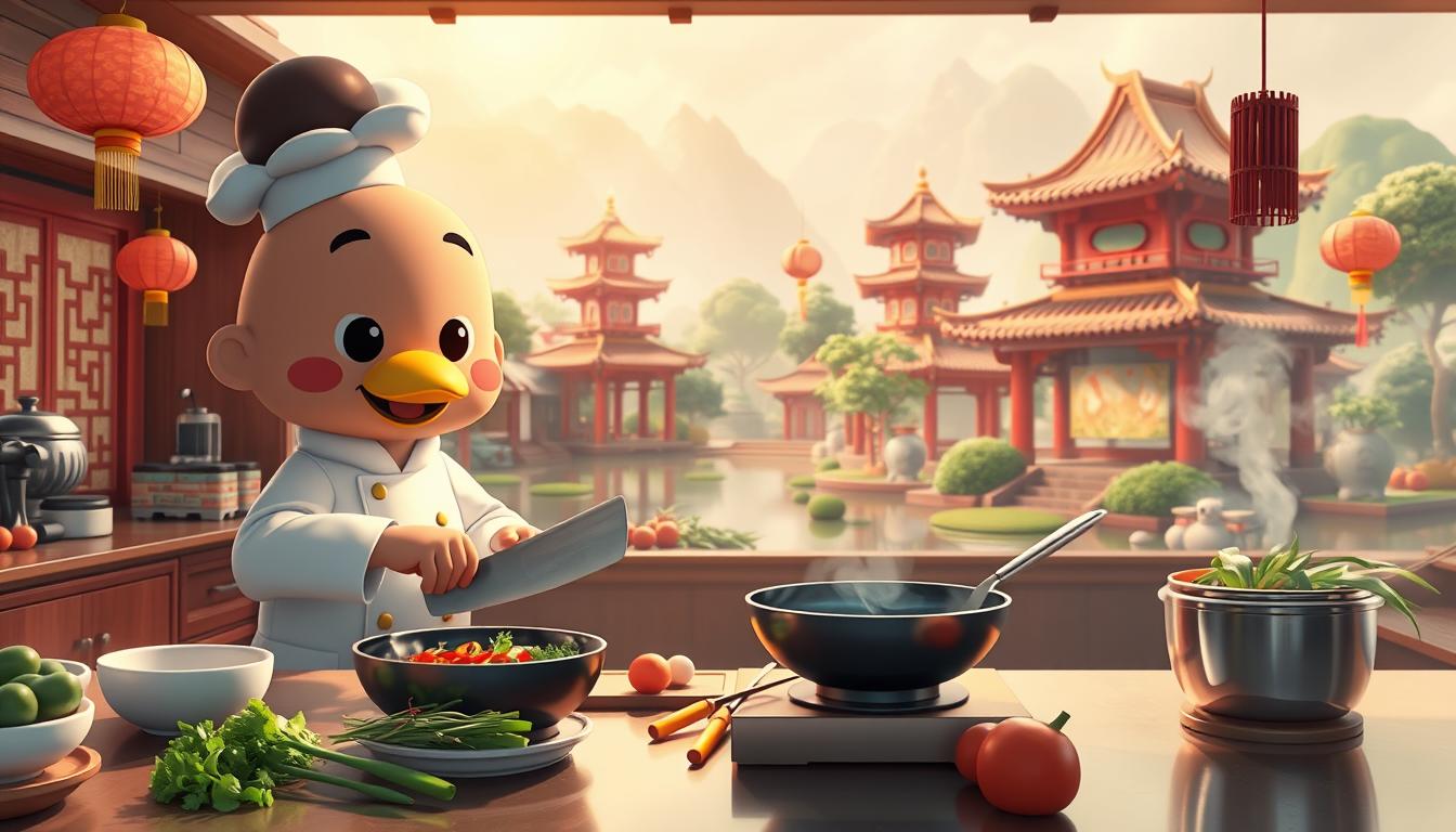 A virtual Chinese kitchen scene, featuring a stylized cartoon character &quot;Dodo&quot; preparing a delectable Chinese dish. The foreground showcases Dodo, a friendly and whimsical chef, chopping fresh ingredients with precision. The middle ground reveals a well-equipped kitchen counter with a wok, utensils, and a steaming pot, creating an immersive culinary atmosphere. The background depicts a vibrant, digitally-rendered Chinese landscape, with pagodas, lanterns, and a serene pond, evoking the essence of traditional Chinese culture. Soft, warm lighting and a slightly hazy, dreamlike quality enhance the overall aesthetic, transporting the viewer into Dodo's virtual world of Chinese cuisine.
