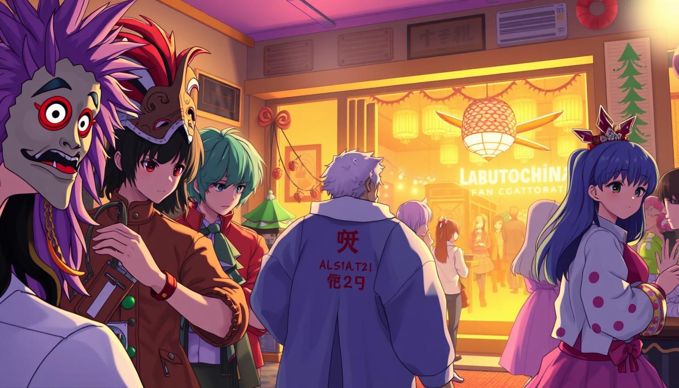 A vibrant and whimsical scene depicting the stages of a Kabutochina costume party. In the foreground, friends excitedly select outrageous outfits, examining intricate masks and colorful wigs. The middle ground captures the transformation process, with individuals putting the finishing touches on their disguises. In the background, the festive venue comes into view, illuminated by warm, soft lighting that casts a cozy glow. The overall atmosphere conveys a sense of anticipation and playful camaraderie as the participants eagerly await the start of the Kabutochina gathering.