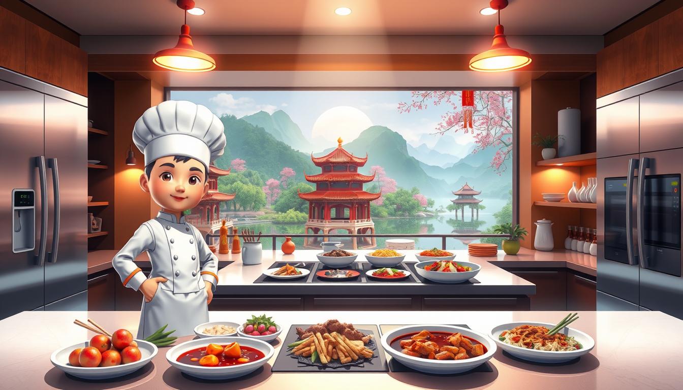 A vibrant Chinese cooking game scene, set in a modern kitchen with sleek stainless steel appliances and gleaming surfaces. In the foreground, a virtual chef - &quot;DuDu&quot; - stands ready, wearing a crisp white apron and chef's hat, surrounded by an array of colorful ingredients and cooking utensils. The middle ground features a selection of authentic Chinese dishes, their rich, aromatic sauces glistening. In the background, a traditional Chinese landscape unfolds, with pagodas, lush bamboo groves, and a serene pond reflecting the tranquil scene. Soft, warm lighting emanates from overhead, casting a cozy, inviting glow over the entire kitchen. The overall atmosphere evokes the perfect blend of modern technology and ancient culinary traditions, creating an immersive Chinese cooking simulation experience.