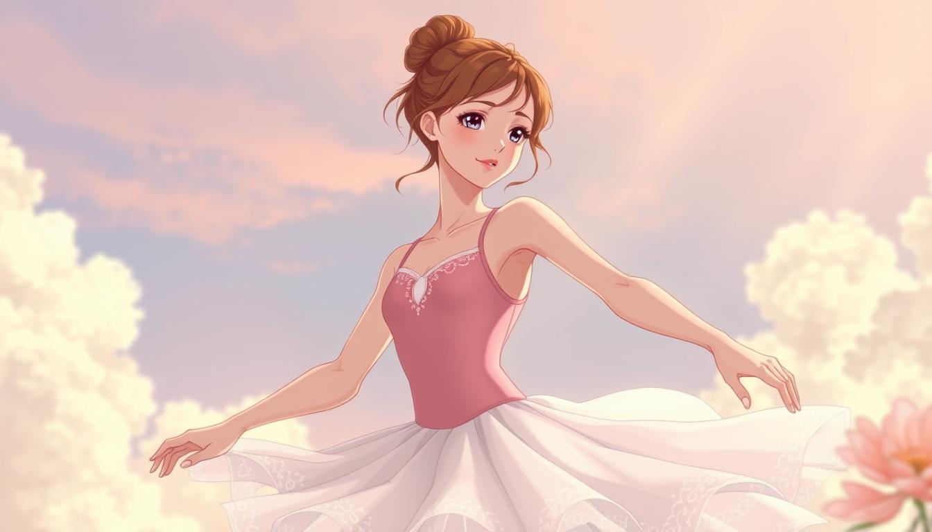 a delicate, graceful ballerina with a porcelain complexion and flowing movements, dressed in a shimmering white tutu and a rose pink leotard, her auburn hair styled in a perfect bun, set against a dreamy, ethereal background of pastel clouds and soft light, captured through a romantic, cinematic lens with a shallow depth of field, creating a captivating, enchanting scene that evokes the magical world of Cappuccino.
