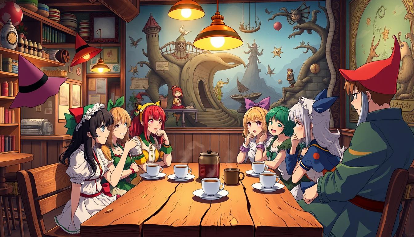 A vibrant and imaginative scene of &quot;Kaptain Kapuchina&quot;, a whimsical costume-themed café experience. In the foreground, a group of friends dressed in colorful, playful outfits sit around a rustic wooden table, enjoying a lively discussion over steaming cups of coffee. The middle ground features the café's charming interior, with eclectic decor, quirky lighting, and a cozy, intimate ambiance. In the background, a large, ornate mural depicts fantastical scenes and characters, creating a dreamlike atmosphere. The lighting is a warm, inviting glow, casting a soft, flattering hue over the entire scene. The overall impression is one of camaraderie, creativity, and a touch of magical realism.