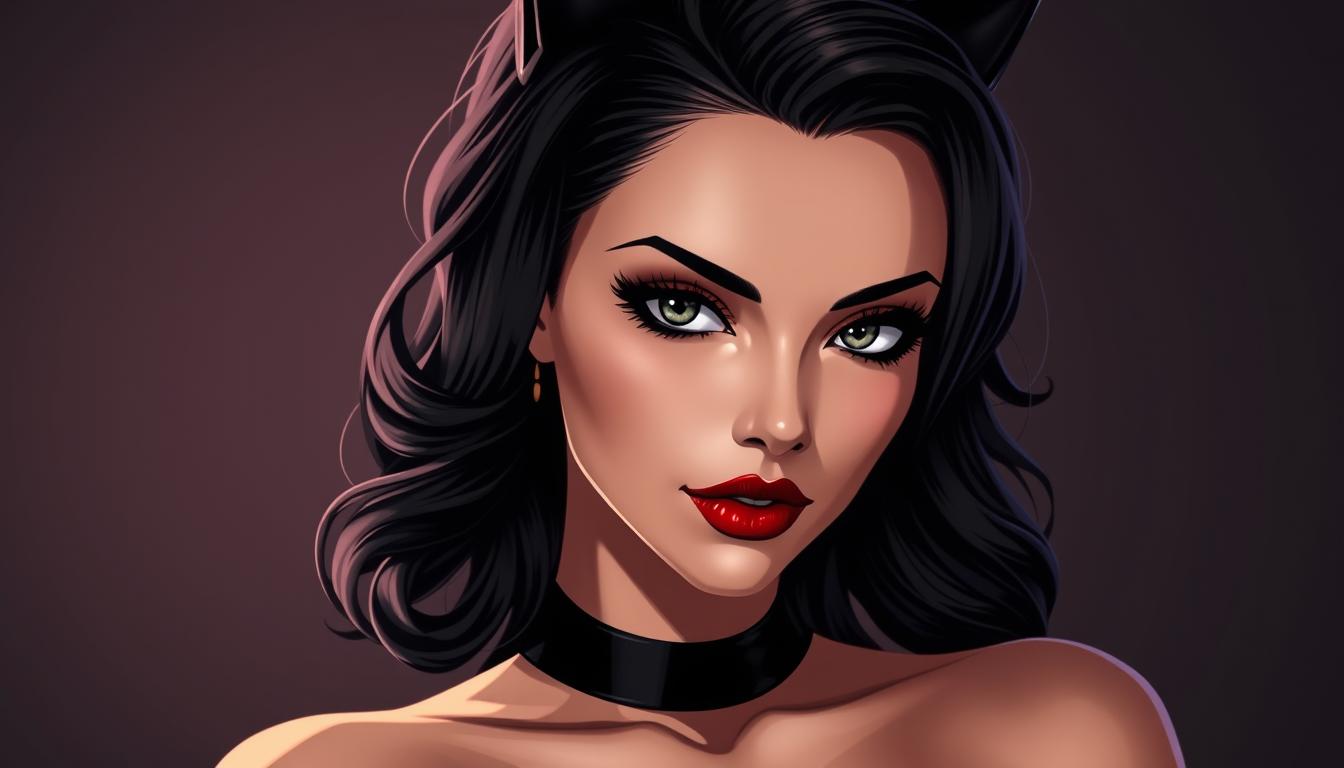 A high-fashion editorial photoshoot of Catwoman's hair and makeup for her first date. Glamorous and alluring, with sculpted waves in her raven-black hair, a dramatic smoky eye, and a sultry red lip. Soft studio lighting casts elegant shadows, accentuating her sharp cheekbones and feline features. The overall look is confident, mysterious, and irresistibly captivating - perfect for enchanting her date.