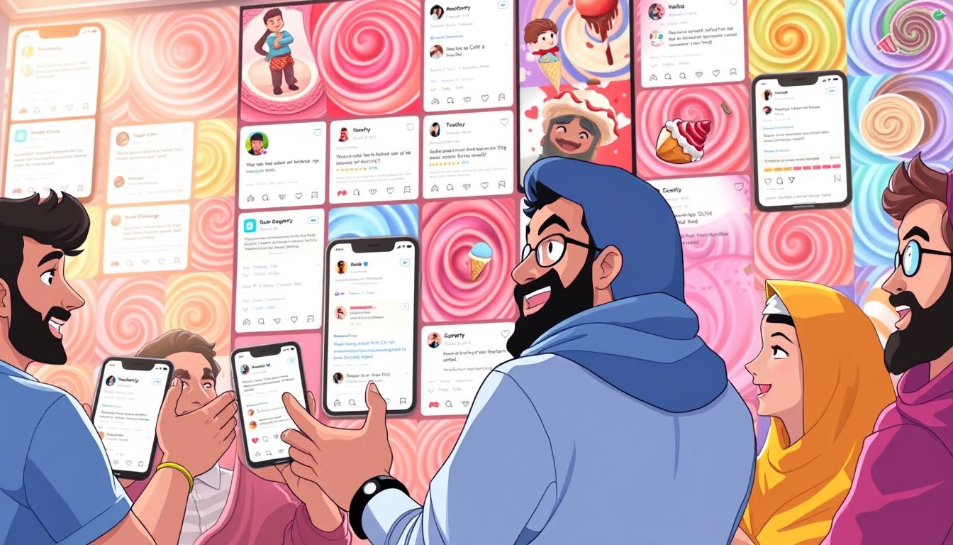 A vibrant, dynamic collage depicting the lively opinions and player reviews of Arab gamers for the Rainbow Ice Cream Simulation game. In the foreground, a diverse group of Arab avatars excitedly share their thoughts, hands gesturing animatedly. The middle ground showcases a mosaic of mobile device screens displaying player ratings, comments, and social media posts. In the background, a warm, dreamlike gradient of rainbow-hued ice cream swirls provides an imaginative, playful setting. Soft lighting casts a cozy glow, capturing the enthusiastic spirit of the gaming community. The composition conveys a sense of engaged, passionate dialogue around this popular culinary simulation title.