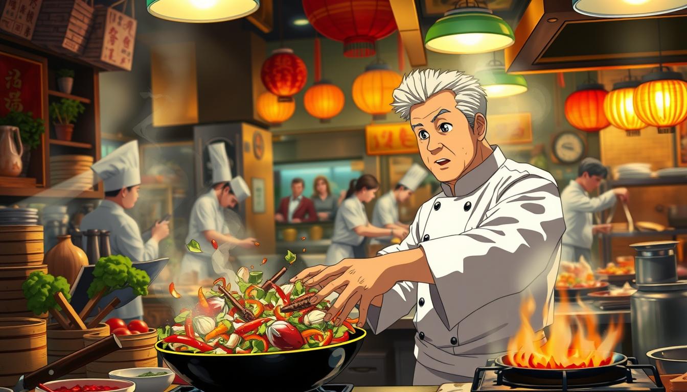 A bustling Chinese kitchen, illuminated by warm, ambient lighting. In the foreground, a skilled chef expertly handles a wok, tossing and stirring a medley of fresh vegetables and aromatic spices. The middle ground showcases an array of traditional Chinese cooking implements, including a cleaver, bamboo steamers, and a sizzling gas burner. In the background, a glimpse of bustling activity, with other chefs meticulously preparing various dishes, creating a sense of the fast-paced, high-intensity environment of a professional Chinese kitchen. The overall scene conveys the challenges and complexities of mastering the art of Chinese cuisine, with the chef's focused, determined expression highlighting the skill and dedication required.