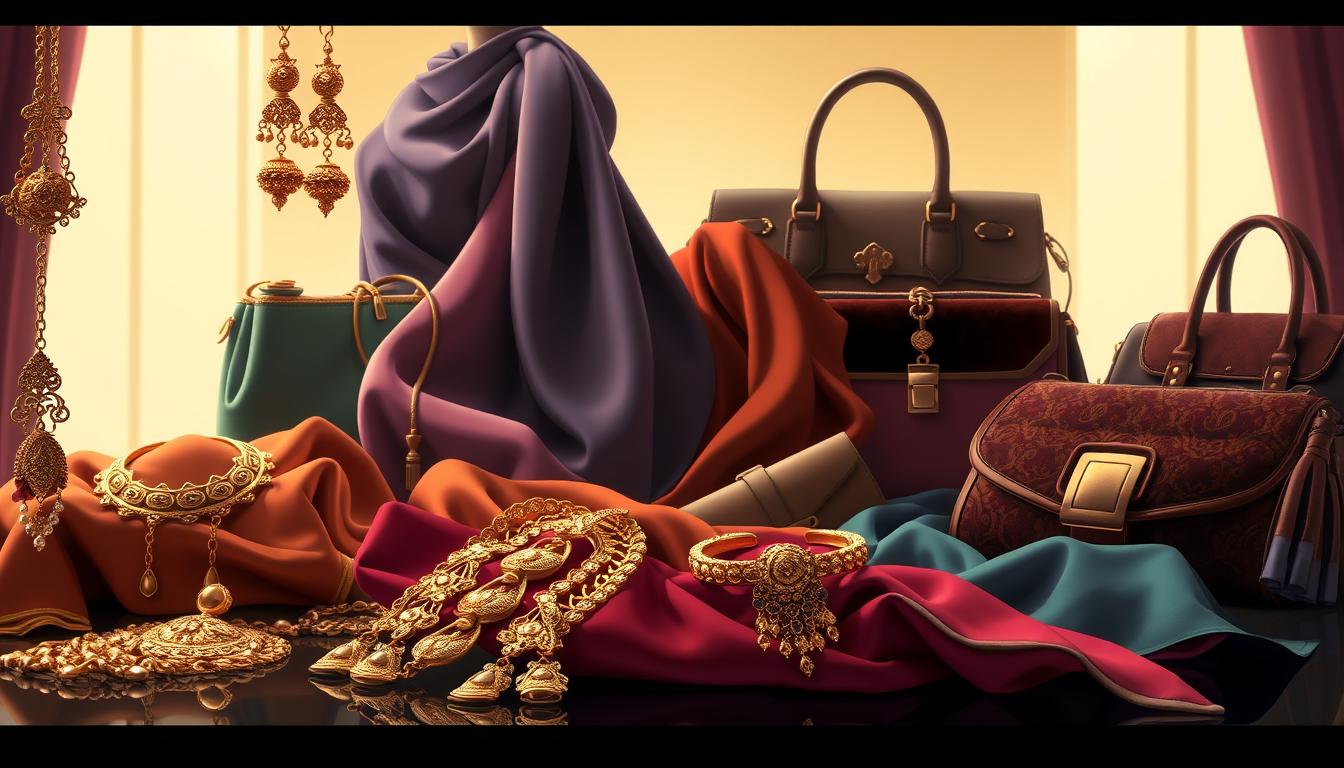 A high-fashion still life showcasing a diverse array of luxurious Caputchina accessories. In the foreground, a collection of intricate golden jewelry pieces, including an ornate necklace, dangling earrings, and a delicate bracelet. The middle ground features an array of silky scarves in rich, jewel-toned hues, artfully draped and folded. In the background, a selection of elegant handbags, from a structured leather satchel to a plush velvet clutch, all in the signature Caputchina style. The lighting is soft and flattering, creating a warm, luxurious atmosphere. The composition is balanced and visually striking, highlighting the craftsmanship and attention to detail of these Caputchina accessories.