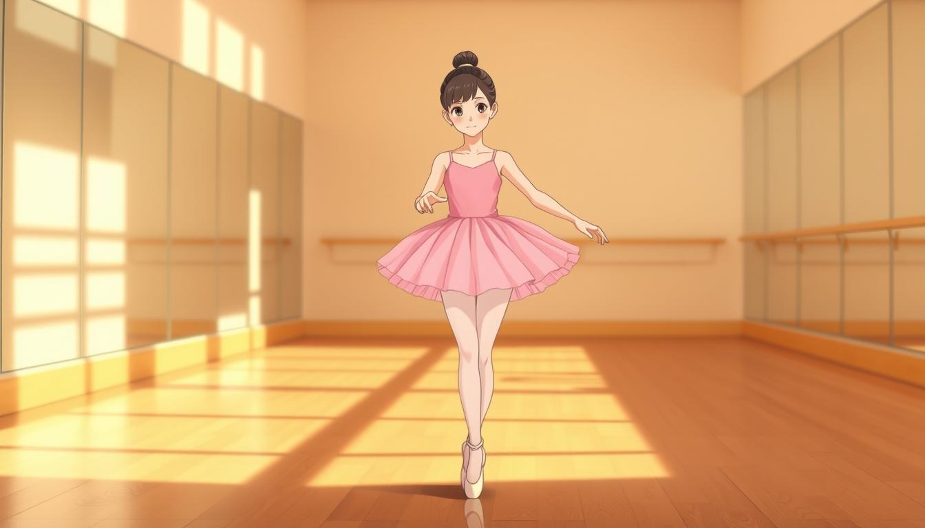 A young ballerina stands gracefully in a ballet studio, dressed in a classic pink tutu and pointe shoes. Warm, natural lighting illuminates her elegant pose, casting soft shadows that accentuate the delicate lines of her body. The background features a wooden dance floor and mirrored walls, creating a serene, focused environment. The ballerina's expression is one of poise and concentration, reflecting the dedication and discipline required for the perfect first date look in the game Ballerina Capuchin.