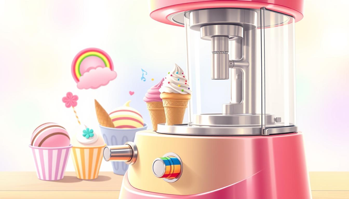 A vibrant and whimsical illustration of a colorful rainbow-themed ice cream maker playset. The foreground showcases the interactive machine, with its shiny metal components and various knobs, levers, and buttons that invite exploration. The middle ground depicts a variety of ice cream scoops, toppings, and cones in a range of rainbow hues, highlighting the creative and customizable nature of the toy. The background features a cheerful, pastel-colored gradient, evoking a sense of playfulness and joy. Soft, diffused lighting creates a warm, inviting atmosphere, drawing the viewer's attention to the educational and entertaining aspects of this engaging kitchen simulation toy.