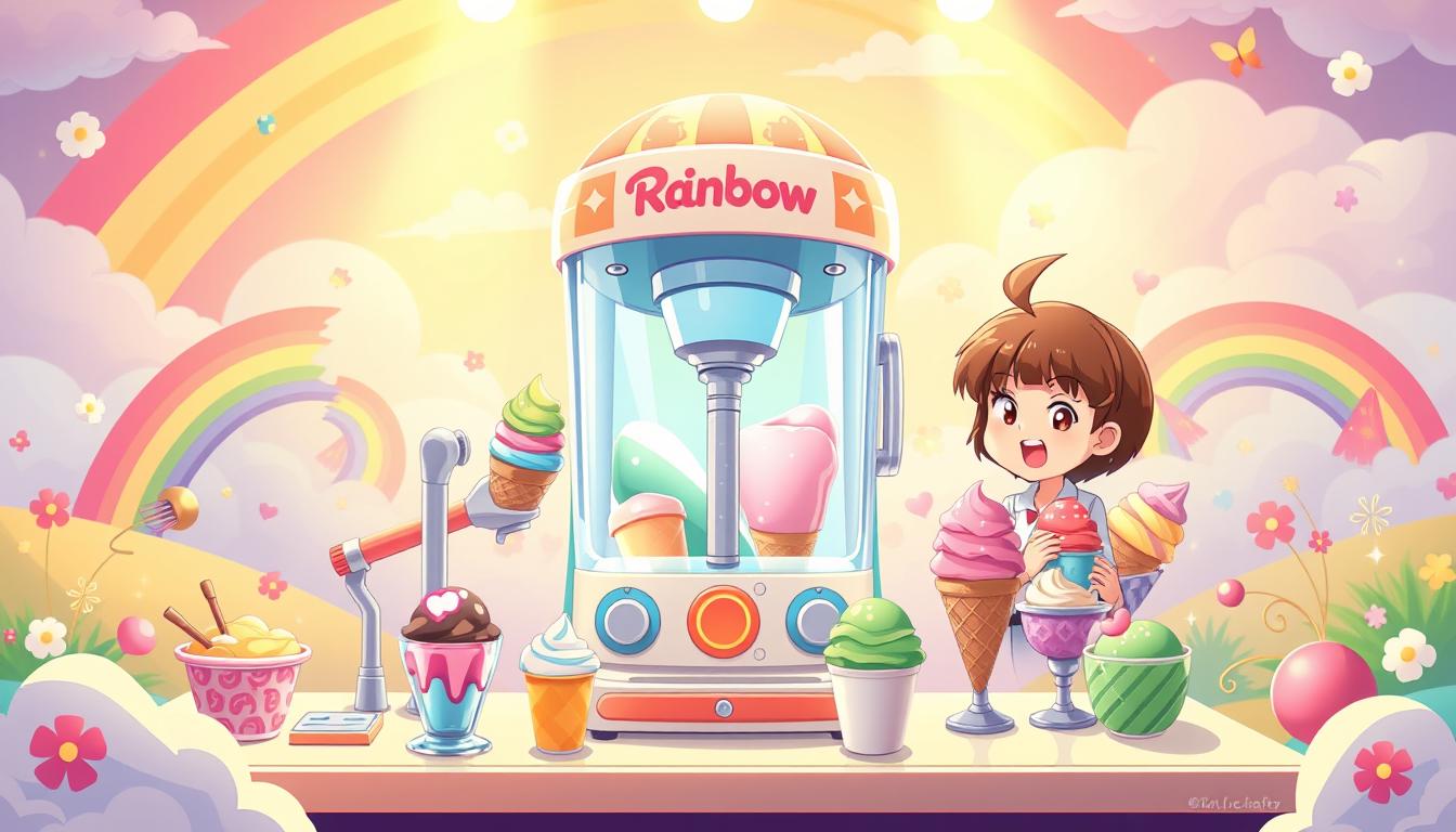 A vibrant, whimsical illustration of a rainbow-themed ice cream maker playset. In the foreground, a cheerful, cartoonish character operates the machine, skillfully scooping colorful ice cream scoops into a variety of cones and cups. The middle ground showcases an array of fun, interactive components like levers, buttons, and dials that control the ice cream making process. The background is filled with a playful, imaginative landscape of rainbow-colored clouds, swirling patterns, and delightful decorative elements that enhance the lively, joyful atmosphere. Warm, soft lighting casts a welcoming glow over the entire scene, inviting the viewer to step into this enchanting, hands-on ice cream making experience.