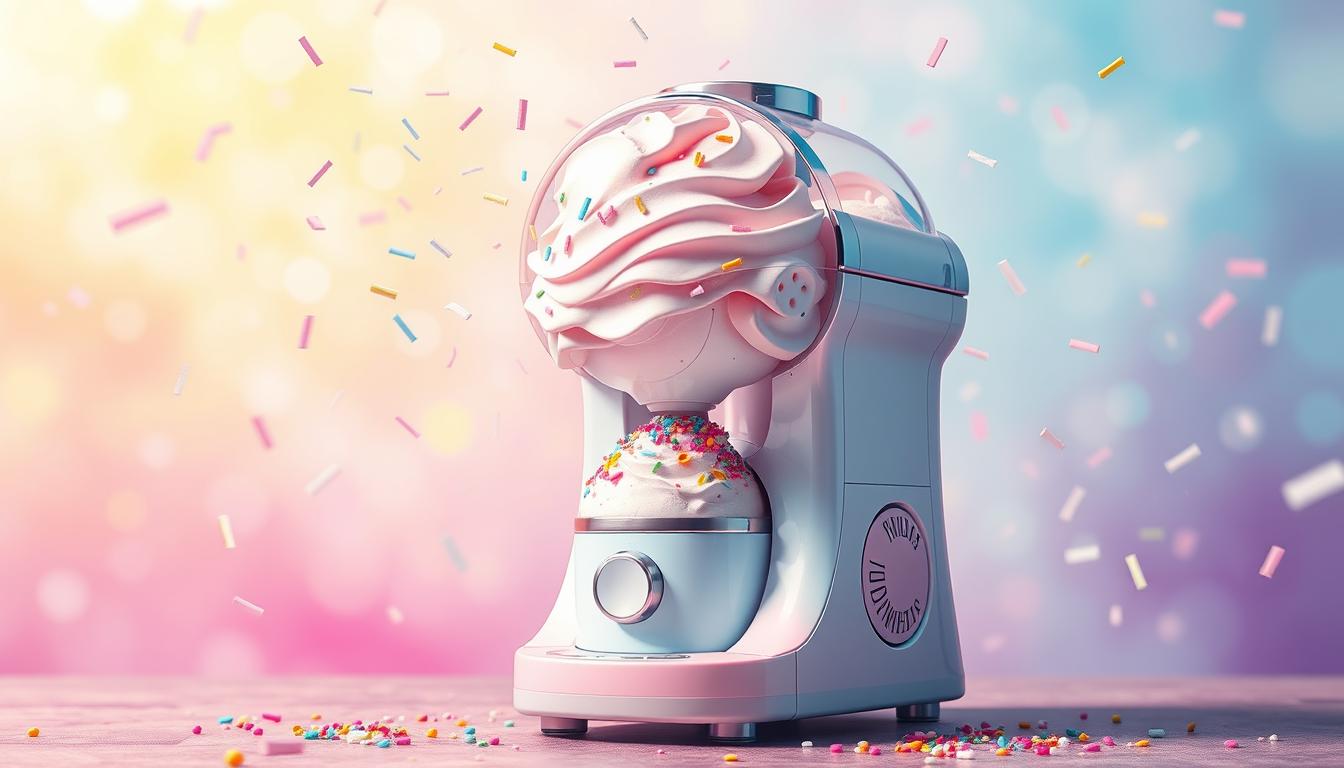 A whimsical rainbow ice cream maker set against a vibrant, dreamlike background. Delicate pastel swirls and candy-colored sprinkles dance through the air, creating a sense of playful enchantment. The machine itself is a delightful amalgamation of playful shapes and textures, with gleaming metallic accents and colorful dials that invite interaction. Soft, diffused lighting casts a warm, inviting glow, while the composition draws the eye to the enchanting, ever-changing creation at the center. An immersive, imaginative scene that captures the joy and wonder of crafting one's own frozen treats.
