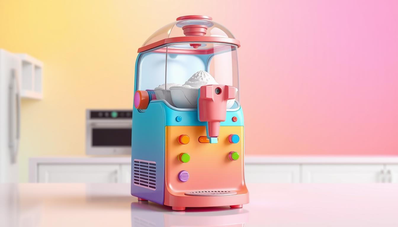 A visually stunning and highly detailed 3D render of a rainbow-colored ice cream maker machine, set against a bright and cheerful background. The machine is positioned in the foreground, with its various components and features meticulously crafted, including colorful knobs, switches, and a transparent dome-shaped lid. The middle ground features a clean, modern kitchen environment, with sleek countertops and appliances. The background showcases a vibrant, colorful gradient, evoking a sense of whimsy and creativity. The lighting is soft and diffused, creating a warm and inviting atmosphere. The entire scene exudes a sense of joy and playfulness, perfectly capturing the essence of the &quot;Rainbow Ice Cream Maker&quot; game.