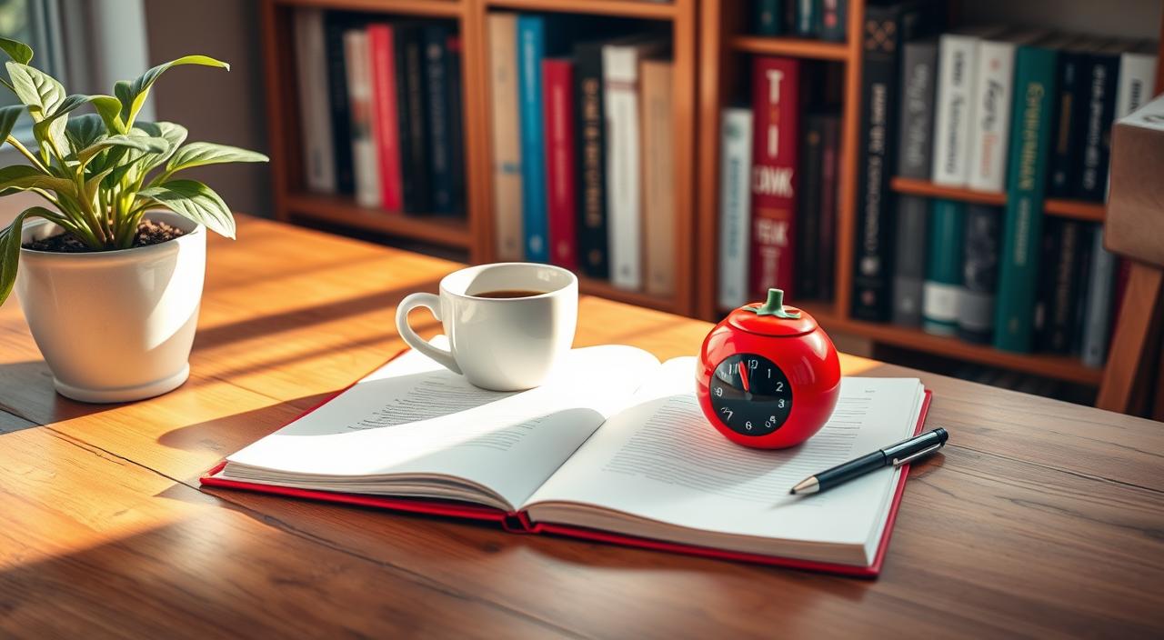 A cozy home office with a wooden desk, a potted plant, and a mug of steaming coffee. Warm natural lighting filters through the window, casting soft shadows. On the desk, a notebook open to productivity tips, a pen, and a timer in the shape of a tomato - a visual representation of the Pomodoro technique. The background features a bookshelf filled with relevant productivity and self-improvement books. The overall atmosphere is one of focus, organization, and a touch of whimsy, reflecting the practical tips for implementing the Pomodoro method.