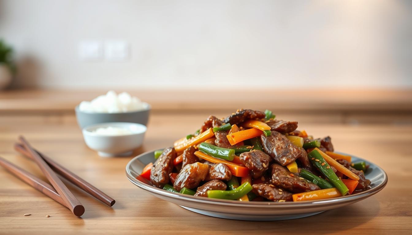 A vibrant, high-quality photograph of an Asian-inspired beef stir-fry. The dish is presented on a wooden table, with the foreground showcasing a generous serving of the stir-fry, featuring tender beef slices, crisp vegetables, and a glossy, flavorful sauce. The middle ground includes a pair of chopsticks, a small bowl of steamed rice, and a sprinkle of toasted sesame seeds. The background depicts a simple, minimalist kitchen setting, with a clean, natural-toned wall and soft, diffused lighting that creates a warm, inviting atmosphere. The overall composition is well-balanced, highlighting the dish's texture, colors, and mouthwatering appeal.