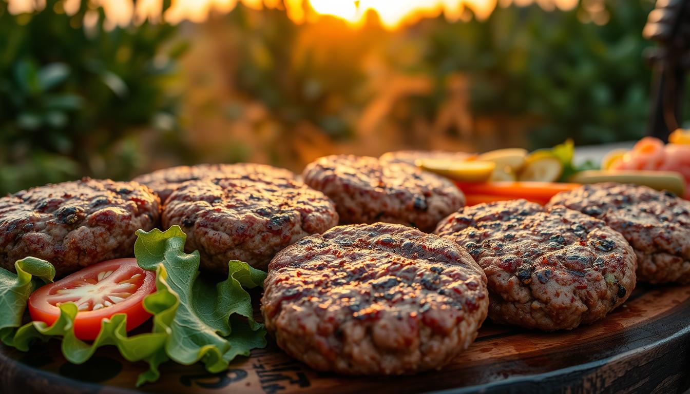 beef recipes for summer Tasty Summertime Ground Beef A sizzling display of perfectly grilled ground beef patties, glistening with a delectable char and seasoned to perfection. In the foreground, the juicy burgers are arranged artfully on a rustic wooden platter, accompanied by an array of fresh garnishes like crisp lettuce leaves, thick slices of ripe tomatoes, and tangy pickles. Behind them, a backdrop of lush, green foliage and a warm, golden sunset sky sets the mood for a mouthwatering summertime grilling session. Soft, diffused lighting casts a natural, inviting glow on the scene, while a wide-angle lens captures the entire composition in stunning detail. The overall atmosphere evokes a sense of relaxation, outdoor leisure, and the delicious flavors of a backyard barbecue.