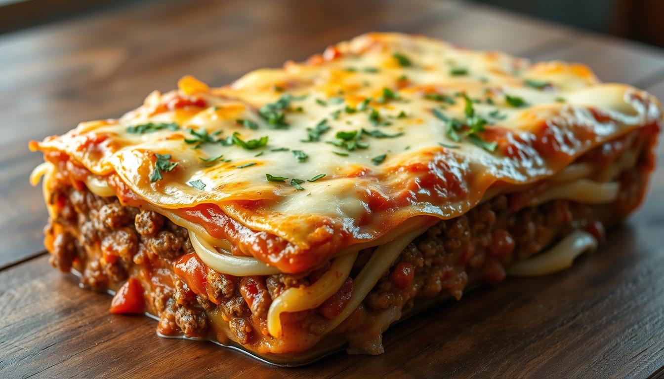Appetizing ground beef casserole with tender cabbage, layered with rich tomato sauce, melted cheese, and fresh herbs. Steaming hot, straight from the oven, with a crisp golden top. Photographed with natural lighting from the side, highlighting the casserole's inviting texture and colors. Positioned on a rustic wooden table, creating a cozy, homely atmosphere. Depth of field blurs the background, keeping the casserole as the central focus. Overall, a hearty, comforting dish that whets the appetite and embodies the delicious combination of ground beef and cabbage.