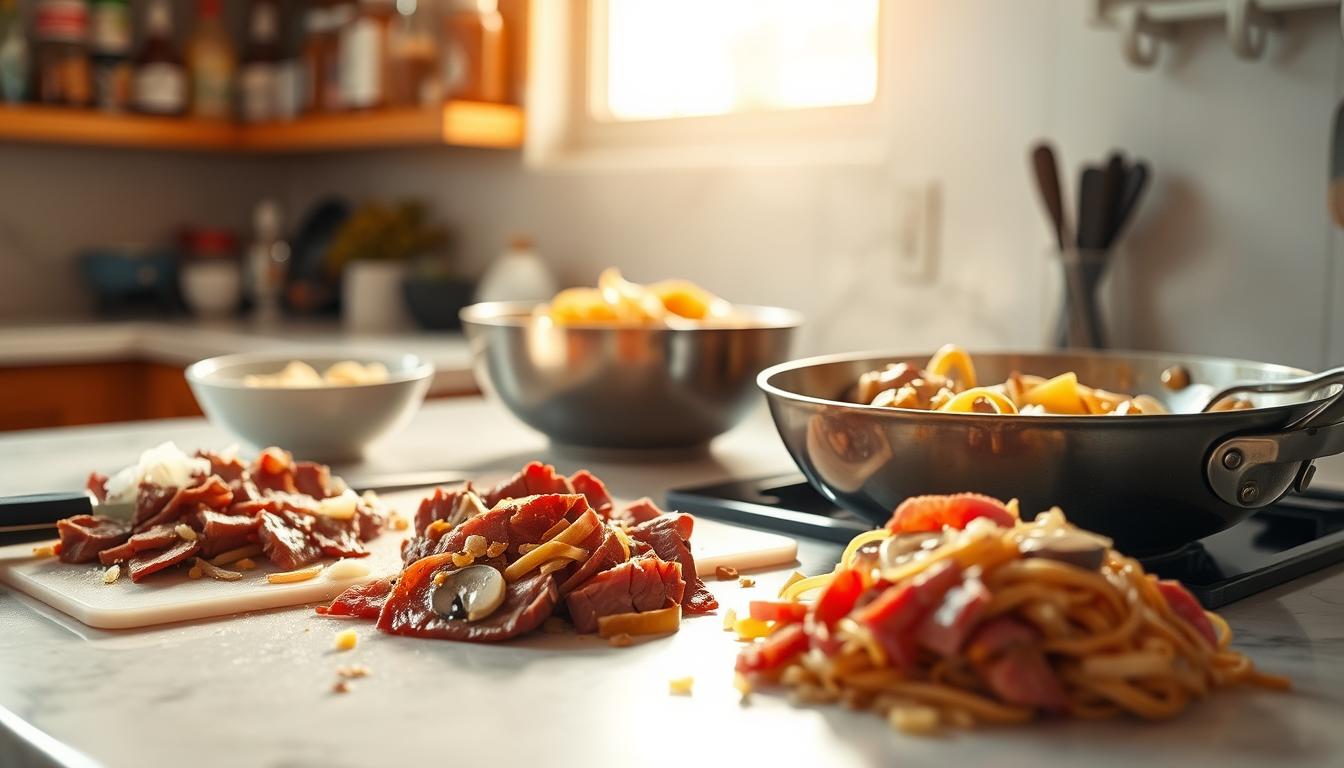 A bright, well-lit kitchen countertop. In the foreground, a cutting board with thinly sliced leftover roast beef, along with chopped onions, mushrooms, and garlic. Nearby, a skillet sizzles with a rich, creamy stroganoff sauce, the aroma filling the air. In the middle ground, a bowl of cooked egg noodles awaits the finishing touches. Shelves in the background hold jars of spices and condiments, hinting at the flavorful transformation about to take place. Warm, golden lighting casts a welcoming glow, capturing the comforting and efficient process of repurposing leftovers into a delicious, hearty stroganoff.