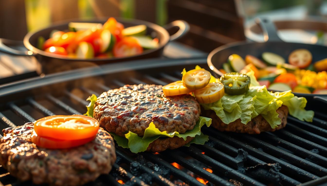 summertime ground beef recipes Succulent ground beef burgers sizzling on a charcoal grill, their smoky aroma mingling with the fresh scent of summer herbs. Crisp lettuce leaves, juicy tomato slices, and tangy pickles artfully arranged as toppings, inviting the viewer to savor the perfect summertime meal. In the background, a vibrant array of seasonal vegetables - zucchini, corn, and bell peppers - sautéing in a skillet, their vibrant colors and textures hinting at the flavorful side dishes to come. Warm, golden sunlight filters through the scene, casting a soft, inviting glow and evoking the carefree spirit of a backyard barbecue. The overall composition suggests a harmonious balance of freshness, simplicity, and the comforting nostalgia of classic American summer cuisine.