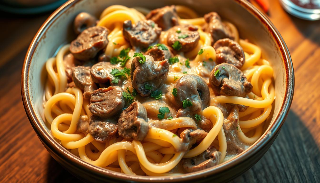 A hearty bowl of creamy beef stroganoff, made with tender slices of leftover roast beef. The rich, velvety sauce coats each strand of egg noodles, garnished with a sprinkle of fresh parsley. Soft mushrooms and onions provide texture, while the aroma of garlic and Worcestershire sauce wafts through the air. Warm lighting casts a cozy glow, highlighting the depth of the dish. The scene is captured from a high angle, emphasizing the layers of the classic comfort food. An inviting and mouthwatering image that captures the essence of repurposing leftover roast beef into a delectable stroganoff.