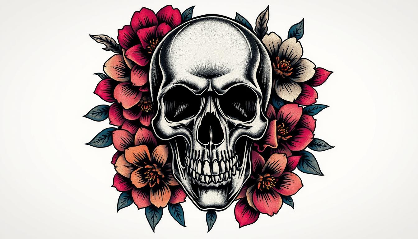 neo-traditional skull and flower tattoo designs