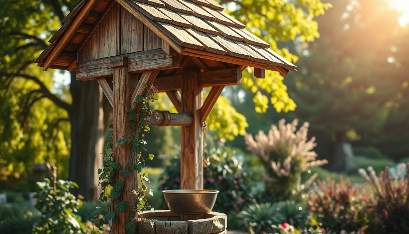 Rustic-Wooden-Wishing-Well-With-Climbing-Roses-In-Country-Garden