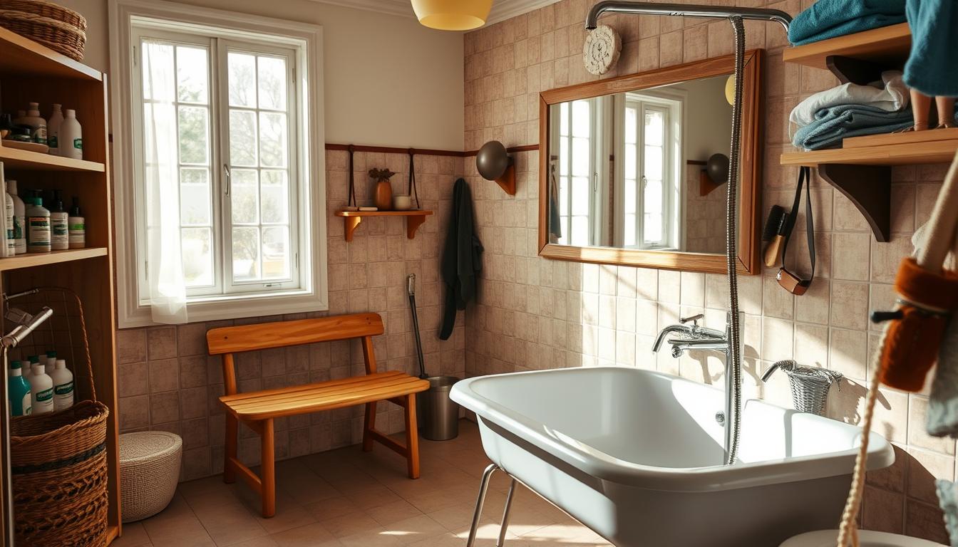 homemade dog grooming station bathing area