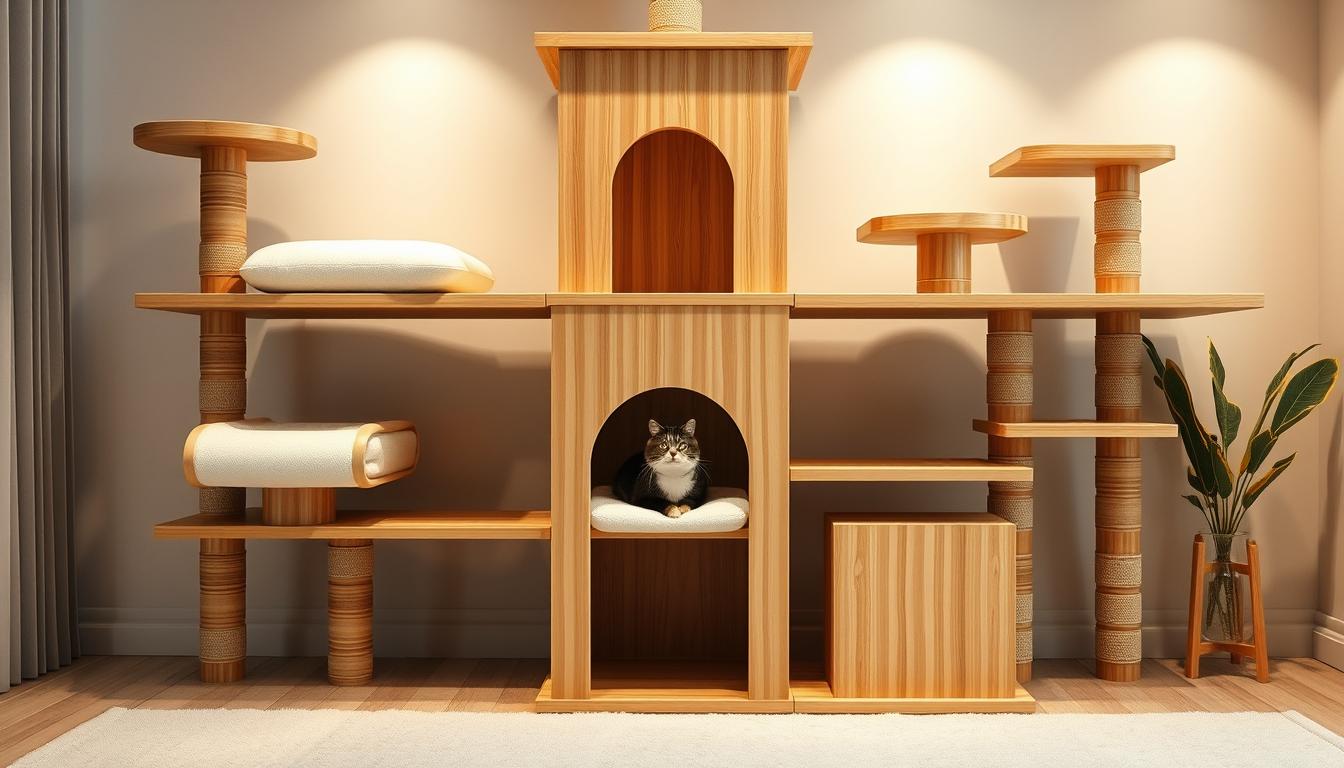 Multi-level-wooden-cat-house-with-scratching-post-indoor