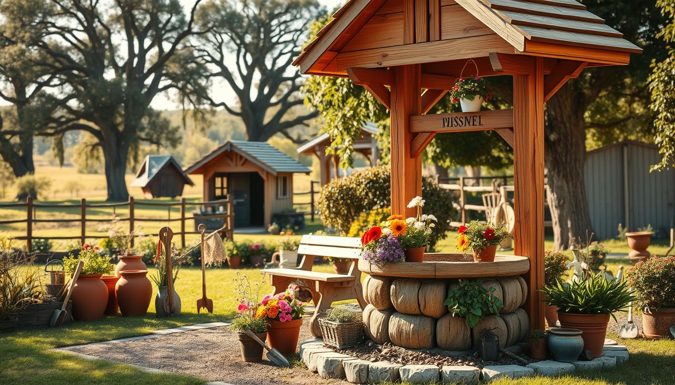 contemporary-wooden-wishing-well-in-backyard
