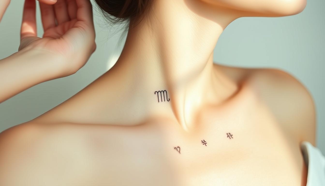Black-ink-minimalist-scorpio-zodiac-tattoo-female-collarbone