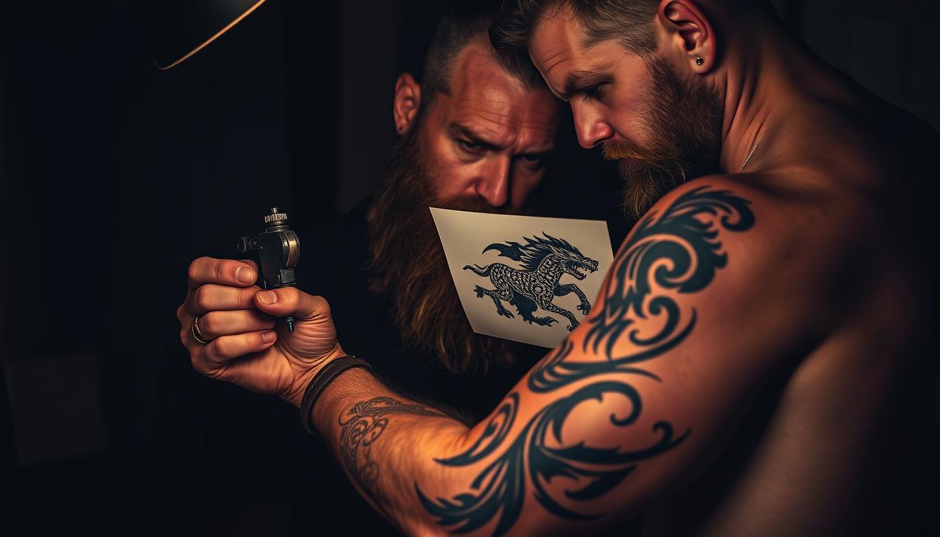 realistic-viking-sleeve-tattoo-with-helm-of-awe