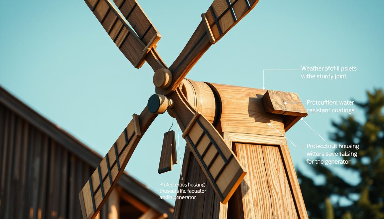 Applying-waterproof-stain-to-DIY-wooden-windmill-blades