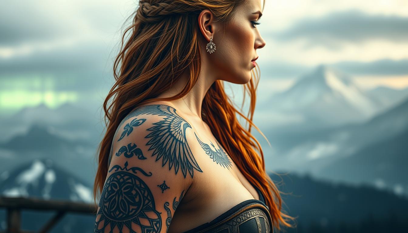 Fierce-female-warrior-with-Norse-raven-tattoo-symbolizing-wisdom-and-protection