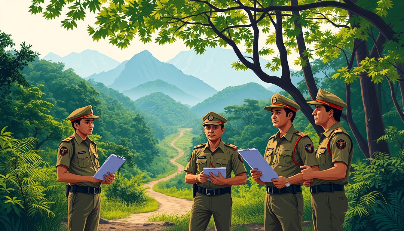 A detailed illustration of the "रिक्तियों का विवरण" section of the "Assam Forest Ranger Recruitment 2025" article. In the foreground, a group of forest rangers in uniform, standing in a clearing surrounded by lush, verdant foliage. They hold clipboards and appear to be discussing recruitment details. In the middle ground, a winding path leads deeper into the dense, sun-dappled forest, hinting at the vast wilderness of Assam. In the background, majestic mountains rise, their peaks shrouded in mist, creating a sense of scale and grandeur. The lighting is warm and natural, casting soft shadows and highlighting the rangers' determined expressions. The overall atmosphere conveys a blend of professionalism, environmental stewardship, and the allure of Assam's untamed landscapes.