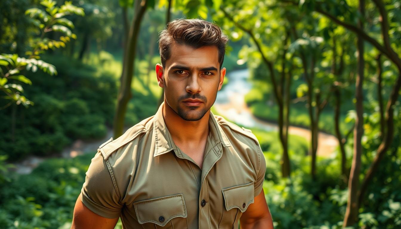 A muscular Assam forest ranger, dressed in khaki uniform, stands tall in a lush green forest clearing. Sunlight filters through the canopy, casting a warm glow on his rugged features. His piercing gaze exudes authority and determination, reflecting the physical demands of his role. In the background, a winding river snakes through the verdant landscape, hinting at the diverse ecosystem he is tasked with protecting. The scene conveys the ranger's unwavering commitment to his duties and the rigorous physical standards required for this challenging profession.