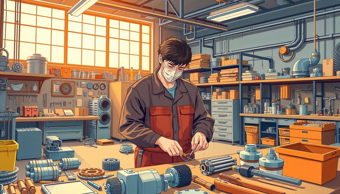 A detailed illustration of a "ट्रेड अप्रेंटिस पद" showcasing a well-equipped workshop with various tools and equipment. The foreground should depict a person in a protective uniform, intently focused on a hands-on task, surrounded by a variety of mechanical parts and tools. The middle ground should feature neatly organized workbenches, shelves, and storage units, conveying a sense of order and efficiency. The background should showcase the industrial setting, with high ceilings, large windows, and a controlled lighting setup that casts warm, directional shadows, creating a sense of depth and atmosphere. The overall composition should emphasize the technical nature of the apprenticeship program, conveying a balance of practical skills and theoretical knowledge required for the role.