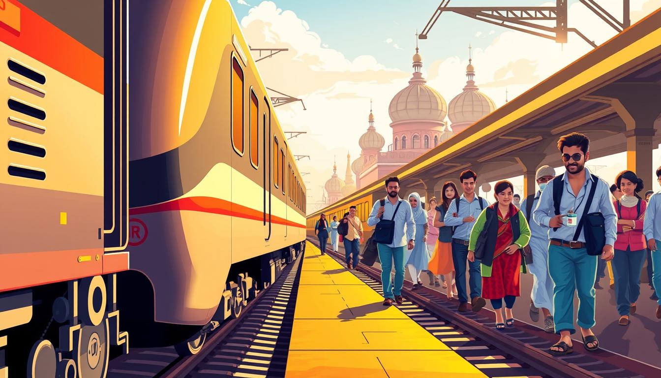 A vibrant, dynamic illustration showcasing the "Northern Railway Recruitment 2025" opportunity. In the foreground, a sleek, modern train engine dominates the scene, its gleaming steel body and powerful wheels symbolizing the cutting-edge technology and infrastructure of the Northern Railway. The middle ground features a bustling train station, with passengers hurrying along the platforms, their expressions a mix of determination and excitement as they pursue the available positions. In the background, the iconic domes and spires of northern India's architectural heritage provide a stunning backdrop, hinting at the rich cultural heritage that the Northern Railway serves. The lighting is warm and inviting, casting a golden glow over the entire scene and conveying a sense of opportunity and progress. The overall composition is balanced and visually striking, drawing the viewer's attention to the core message of the "Northern Railway Recruitment 2025" opportunity.