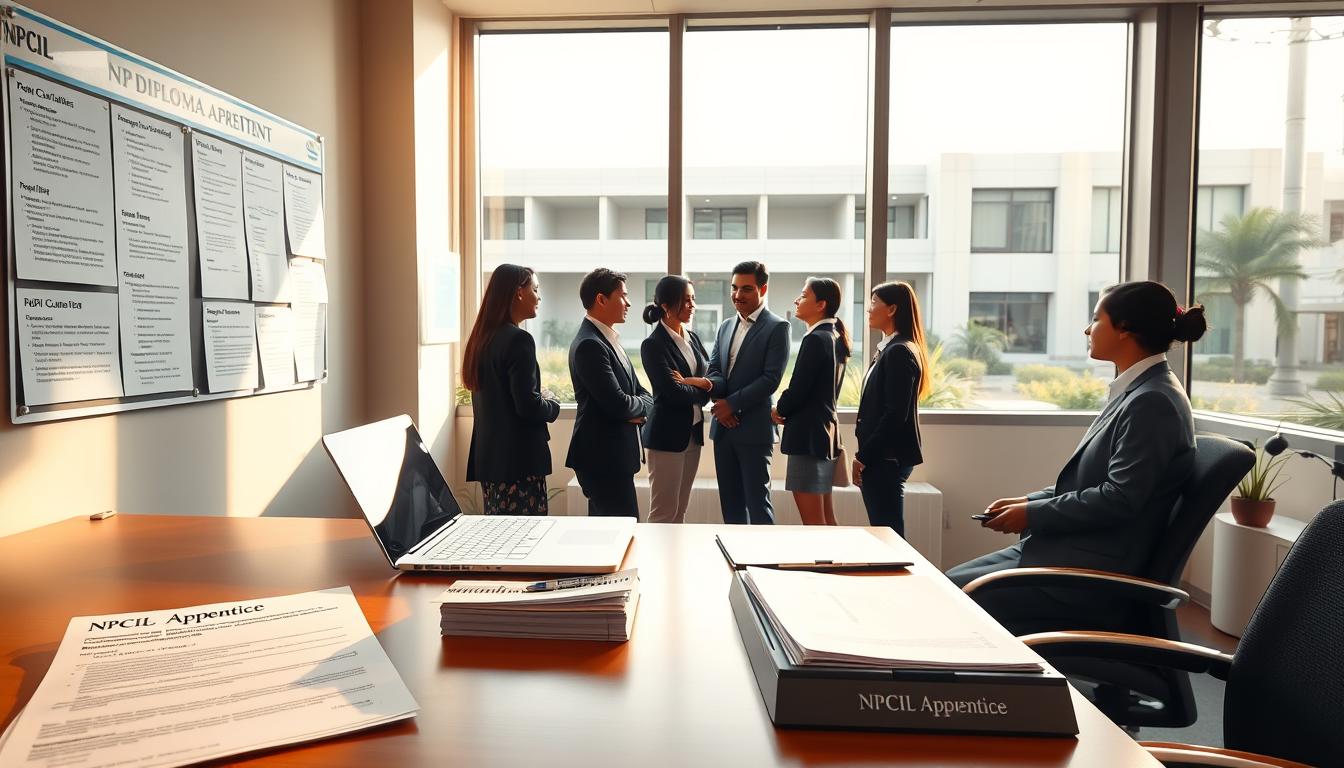 A serene, well-lit office scene showcasing the "NPCIL Diploma Apprentice Recruitment" process. In the foreground, a neatly organized desk displays a laptop, a stack of application forms, and a nameplate reading "NPCIL Apprentice". On the wall behind, a bulletin board displays relevant information and deadlines. The mid-ground features a group of young professionals, dressed in formal attire, engaged in discussions. Warm, natural lighting filters through large windows, creating a professional and welcoming atmosphere. The background depicts the exterior of a modern, well-maintained government building, conveying a sense of authority and reliability. The overall scene showcases the important details and seriousness of the NPCIL Diploma Apprentice Recruitment program.
