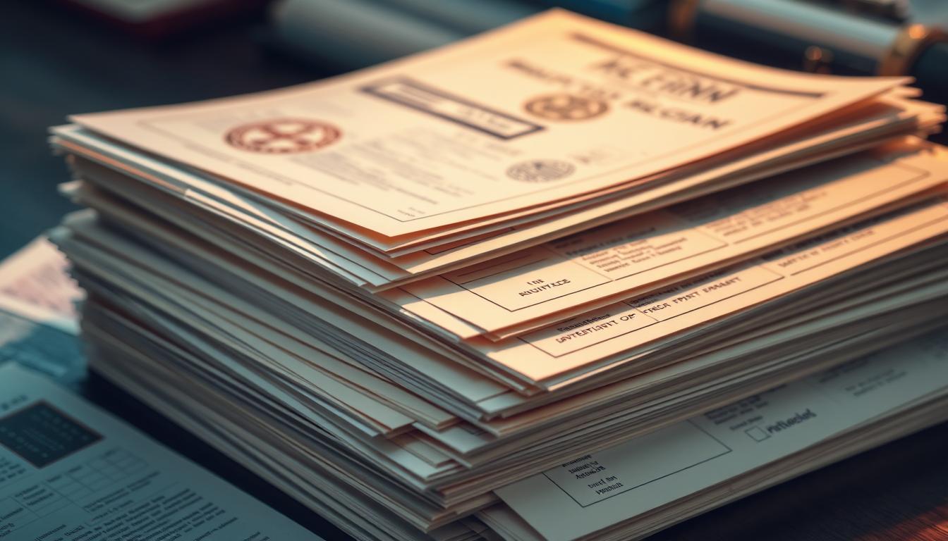 A well-organized document stack with various official forms, stamps, and seals, illuminated by warm directional lighting from the side. The papers have a slightly aged appearance, evoking a sense of authority and bureaucratic process. The composition emphasizes the tactile nature of the documentation, with carefully arranged pages and a subtle interplay of textures. The background is blurred, keeping the focus on the central documents. An atmosphere of administrative efficiency and attention to detail pervades the scene.