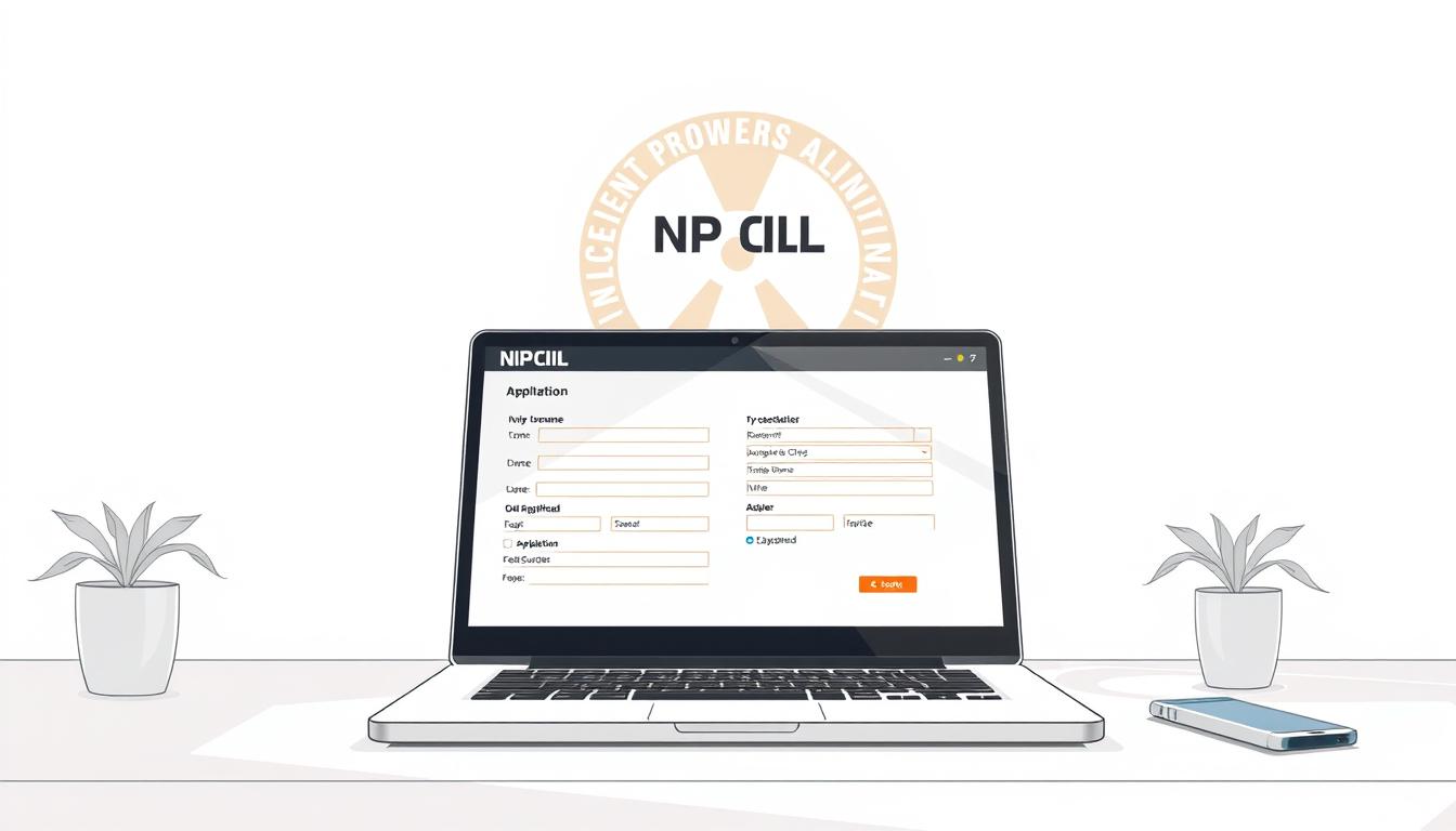 A high-resolution, detailed illustration depicting the online application process for NPCIL (Nuclear Power Corporation of India Limited). The foreground features a laptop or computer screen displaying the NPCIL online application form, with carefully rendered input fields, dropdown menus, and action buttons. The middle ground shows a person interacting with the application, possibly typing or navigating the form. The background incorporates subtle design elements reminiscent of NPCIL's branding, such as the organization's logo or color scheme, conveying a professional and authoritative atmosphere. The lighting is natural and diffused, creating a clean, modern aesthetic. The overall composition emphasizes the step-by-step nature of the application procedure, guiding the viewer through the key stages.