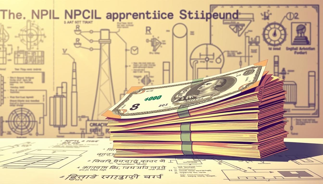 A detailed illustration of the NPCIL apprentice stipend, featuring a stack of Indian currency notes against a backdrop of technical diagrams and engineering schematics. The image has a warm, professional tone with soft lighting, conveying the financial benefits and technical competence associated with the apprenticeship program. The foreground showcases the stipend amount prominently, while the middle ground displays technical details and the background suggests the wider context of the NPCIL organization and its operations. The composition is balanced and visually appealing, creating an informative and visually engaging representation of the "Stipend and Other Benefits" section.