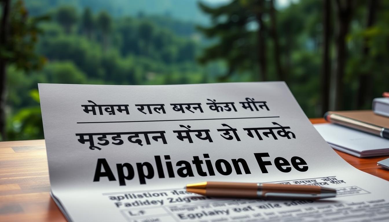 Detailed image of an official document titled "असम वन रेंजर आवेदन शुल्क" (Assam Forest Ranger Application Fee) against a backdrop of lush green forest landscape. The document is shown on a wooden desk, with a pen and other office supplies nearby. Soft, warm lighting illuminates the scene, creating a professional and administrative atmosphere. The image emphasizes the application fee details while hinting at the larger context of the Assam Forest Ranger recruitment process.