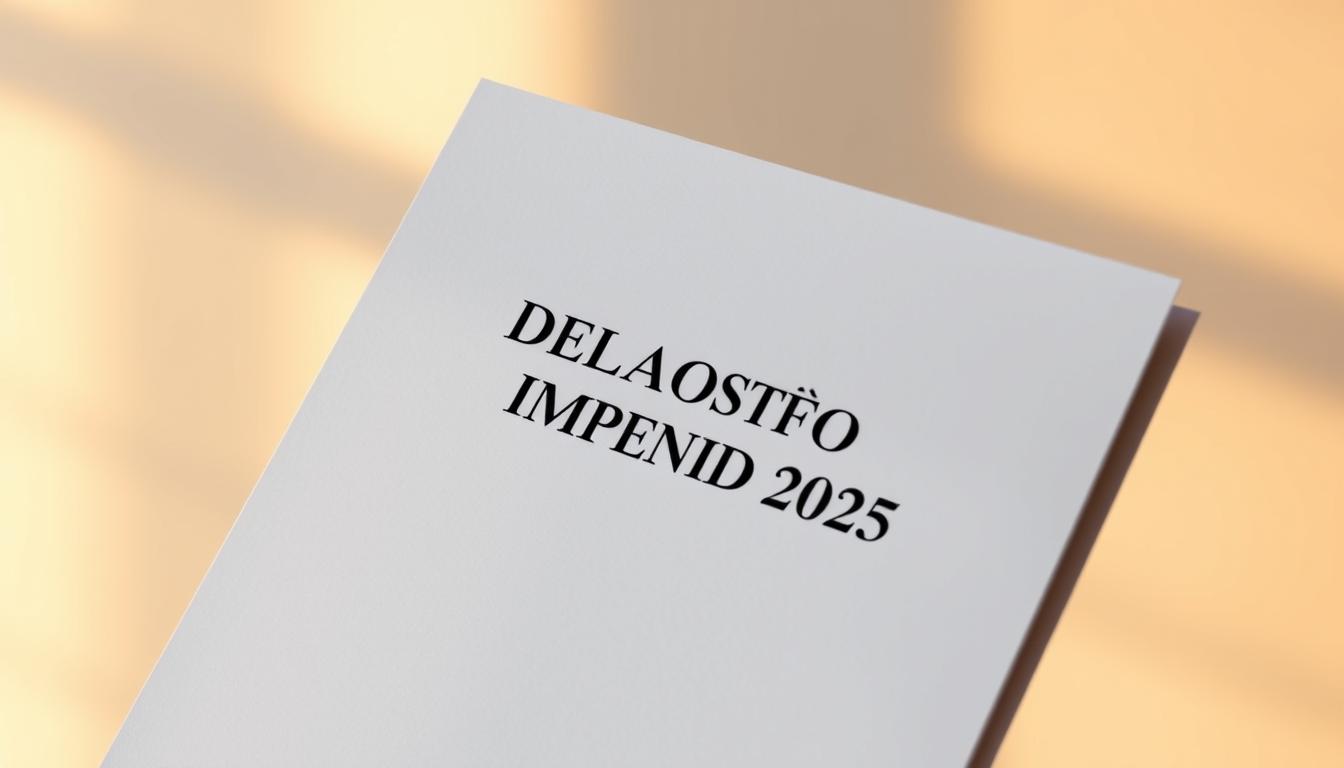 A sleek, modern-looking document against a softly blurred background, illuminated by warm, directional lighting. The document's cover page prominently displays the text "DECLARAÇÃO DE IMPOSTO DE RENDA 2025" in a clean, professional font. The edges of the document are slightly crisp, conveying a sense of importance and attention to detail. The overall scene evokes a mood of organization, responsibility, and financial diligence, suitable for illustrating a step-by-step guide on filing one's tax return.
